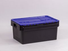 Distributiebak 600x400x275 mm, 45 liter, zwart met blauw scharnierdeksel