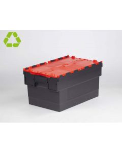 Kunststof distributiebak, bakdeel zwart, dekselhelften rood 55 ltr
