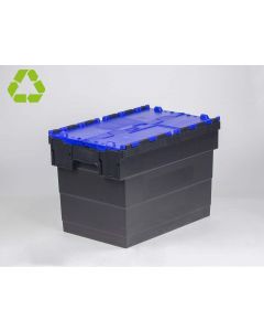 Kunststof distributiebak, bakdeel zwart, dekselhelften blauw 72 ltr