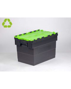 Kunststof distributiebak, bakdeel zwart, dekselhelften groen 72 ltr