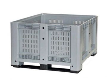 Palletbox 610 liter, 1200x1000x780 mm geperforeerd op 2 sleden lichtgrijs
