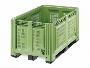 Pallet box 680 l. 1200x1000x780 mm on 3 skids, perforated, green