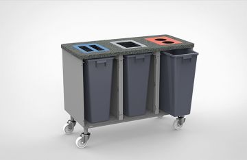 Waste station for 3 waste streams on wheels with 3x 60 liter bins 