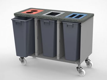 Waste station for 3 waste streams on wheels with 3x 60 liter bins 