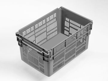 Beugelbak 60 liter, 600x400x310 mm, dichte bodem en gesleufde wanden, grijs