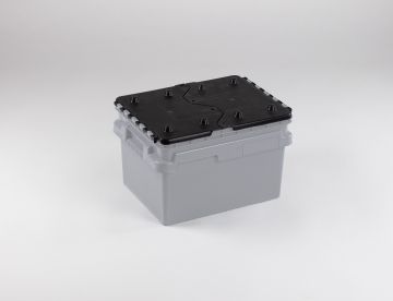 Distribution bin, 400x300x264 mm, 21 liters with attached lids on short side 