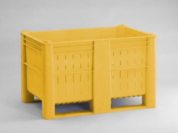 Food grade palletbox 520L, perforated, on 2 skids, yellow