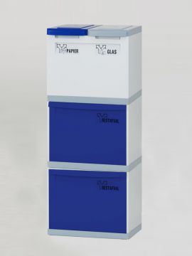 Prullenbak vier vakken grijs 2x kantelbak blauw 2x emmer 2x deksel gr/blauw