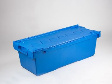 Nestbare kunststof bak 1160x480x360 mm, 130 liter, scharnierdeksel blauw