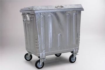 Metalen 1100 liter, container, 4-wiel, met versterkt stalen deksel