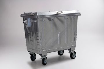 Metalen 660 liter, container, 4-wiel, met versterkt stalen deksel
