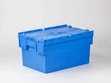Kunststof distributiebak, bakdeel blauw, dekselhelften blauw 55 ltr