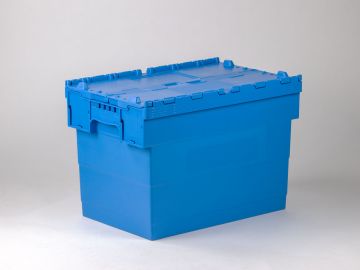 Kunststof distributiebak, bakdeel blauw, dekselhelften blauw 72 ltr