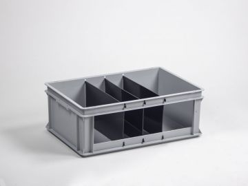 Stackable storage bin 40L open front with four compartments