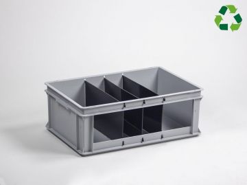 Stackable storage bin 40L open front with four compartments