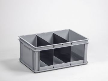Stackable storage bin 60L open front with three compartments