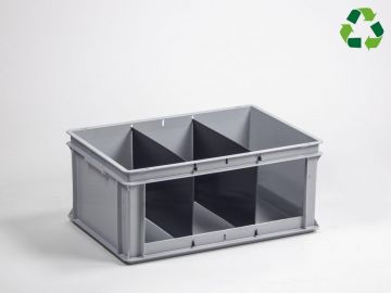 Stackable storage bin 60L open front with three compartments