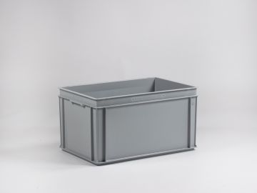E-line Normbox stackable bin 600x400x325 mm, 60L with closed grips, grey PP recycle