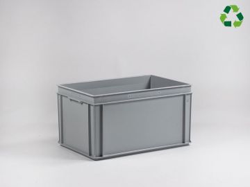 E-line Normbox stackable bin 600x400x325 mm, 60L with closed grips, grey PP recycle