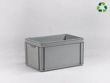 E-line Normbox stackable bin 600x400x325 mm, 60L  with open grips, grey PP recycle