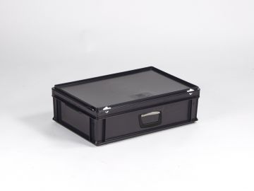 Stapelbare koffer 30 liter, 600x400x185 mm, uit ESD-veilig materiaal