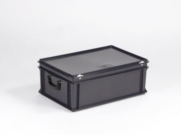 Stapelbare koffer 40 liter, 600x400x235 mm, uit ESD-veilig materiaal