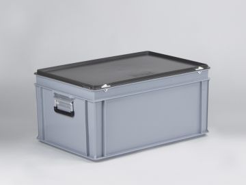 Kunststof koffer 600x400x295 mm met 2 aluminium valgrepen, 53 l. grijs, euronorm