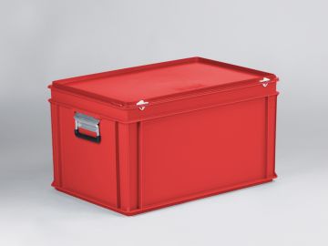 Kunststof koffer 600x400x340 mm met 2 aluminium valgrepen, 60 l. rood, euronorm
