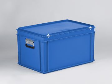 Kunststof koffer 600x400x340 mm met 2 aluminium valgrepen, 60 l. blauw, euronorm