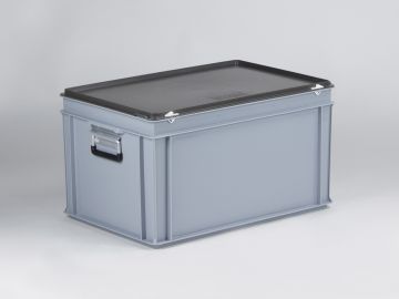 Kunststof koffer 600x400x340 mm met 2 aluminium valgrepen, 60 l. grijs, euronorm