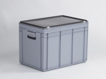 Kunststof koffer 600x400x440 mm met 2 aluminium valgrepen, 90 l. grijs, euronorm