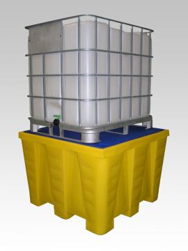 Lekbak 1300x1300x900 mm, 1200 liter, met kunststof rooster, geel