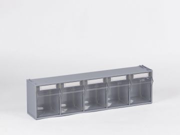 Kunststof magazijnbak met 5 kantelbakken 600x135x164 mm, lichtgrijs