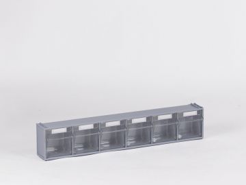 Kunststof magazijnbak met 6 kantelbakken 600x94x112 mm, lichtgrijs