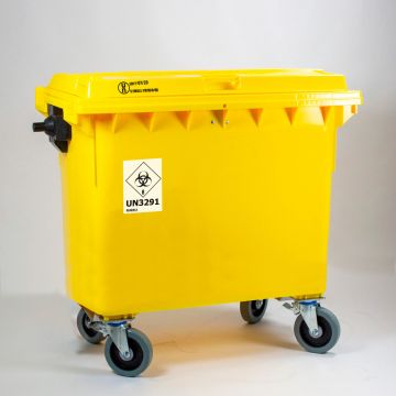 Un-gekeurde 4-wielcontainer 660 liter met afsluitbaar deksel, UN3291, geel