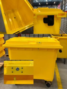 Afvalcontainer 660 liter, geel met afsluitbaar scharnierdeksel