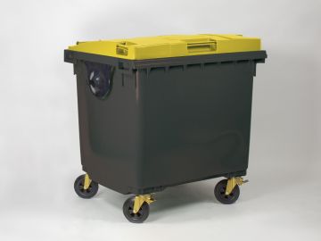 4-Wiel container 1000 liter, 1370x1085x1315 mm donkergrijze romp, geel deksel 