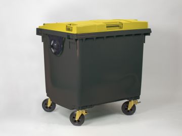 Afvalcontainer 1000 liter, met scharnierdeksel, donkergrijs/geel
