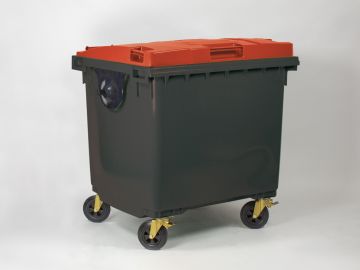 4-Wiel container 1000 liter, 1370x1085x1315 mm donkergrijze romp, rood deksel 