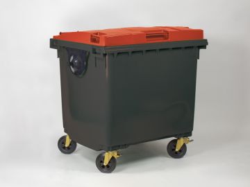 Afvalcontainer 1000 liter, met scharnierdeksel, donkergrijs/rood