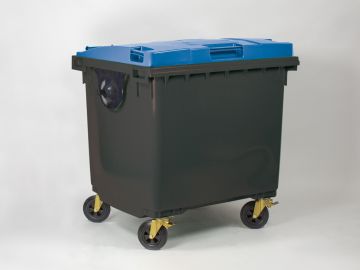 4-Wiel container 1000 liter, 1370x1085x1315 mm donkergrijze romp, blauw deksel 