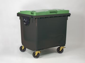 4-Wiel container 1000 liter, 1370x1085x1315 mm donkergrijze romp, groen deksel 