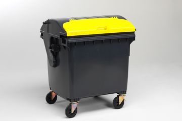 Wheelie bin 1100 liters with roll-top lid with deposit flap, grey/yellow