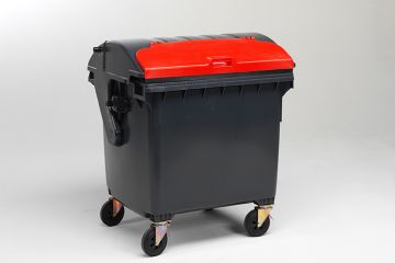 4-wiel container 1100 liter met roldeksel voorzien van inwerpklep, grijs/rood