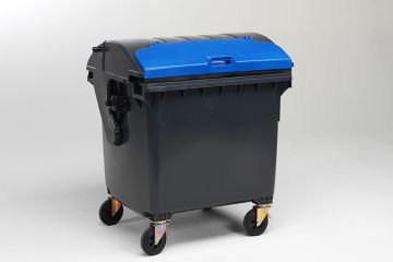 Wheelie bin 1100 liters with roll-top lid with deposit flap, grey/blue