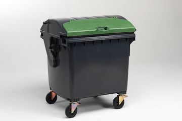 Wheelie bin 1100 liters with roll-top lid with deposit flap, grey/green