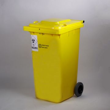 Un-gekeurde 2-wielcontainer 240 liter met afsluitbaar deksel, UN3291, geel 