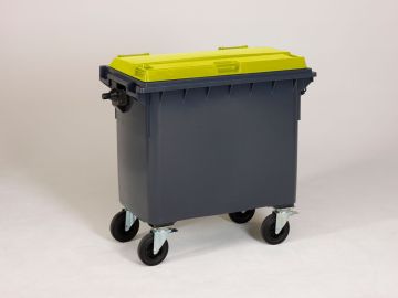 Afvalcontainer 660 liter, met scharnierdeksel, grijs/geel