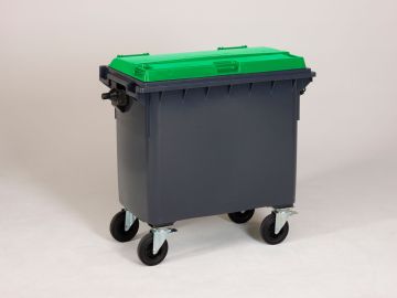Afvalcontainer 660 liter, met scharnierdeksel, grijs/groen