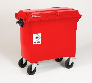 Un-gekeurde 4-wielcontainer 660 liter met afsluitbaar deksel, UN3077, rood